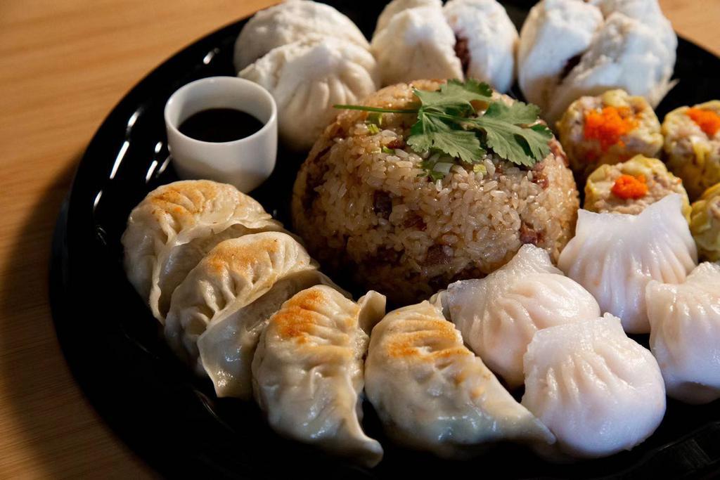 Dim Sum Combo Platter · Shu Mai, Shrimp Dumplings, Pot Stickers, BBQ Pork buns, and Pan Fried Sticky Rice