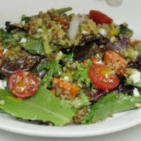 Organic Quinoa Chopped Salad · Romaine, radish, green beans, tomatoes, onions, corn, cilantro, avocado, and lime vinaigrett...