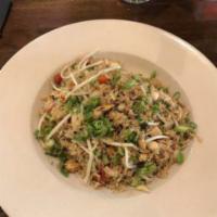 Stir Fried Rice with Seafood · Arroz chaufa. Gluten-free. Stir fried rice mixed with broccoli, green onions, mushrooms, bel...