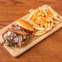 Bacon Bleu Burger · Bleu-jack cheese, applewood bacon, spicy fig jam, arugula, fries.