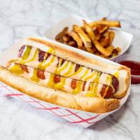 Hummel Red Hot · 4 oz. spicy hot dog, your choice of sauces and toppings (onion, relish or sauerkraut), toast...