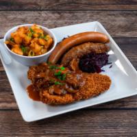 I Love Germany Platter · Bratwurst, frankfurter and schnitzel with choice of sauce. Served with 2 sides.