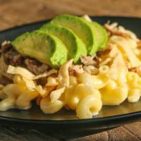 Southwest Chipotle Pulled Pork · Classic mac ‘n cheese, smoked pulled pork, avocados and wontons.