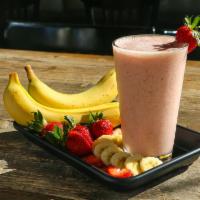 Strawberry Banana Smoothie · Strawberries, banana slices, frozen yogurt and apple juice.
