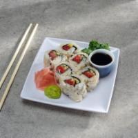 Spicy Tuna with Cucumber Roll · Spicy tuna, cucumber and rice on outside. Raw.
