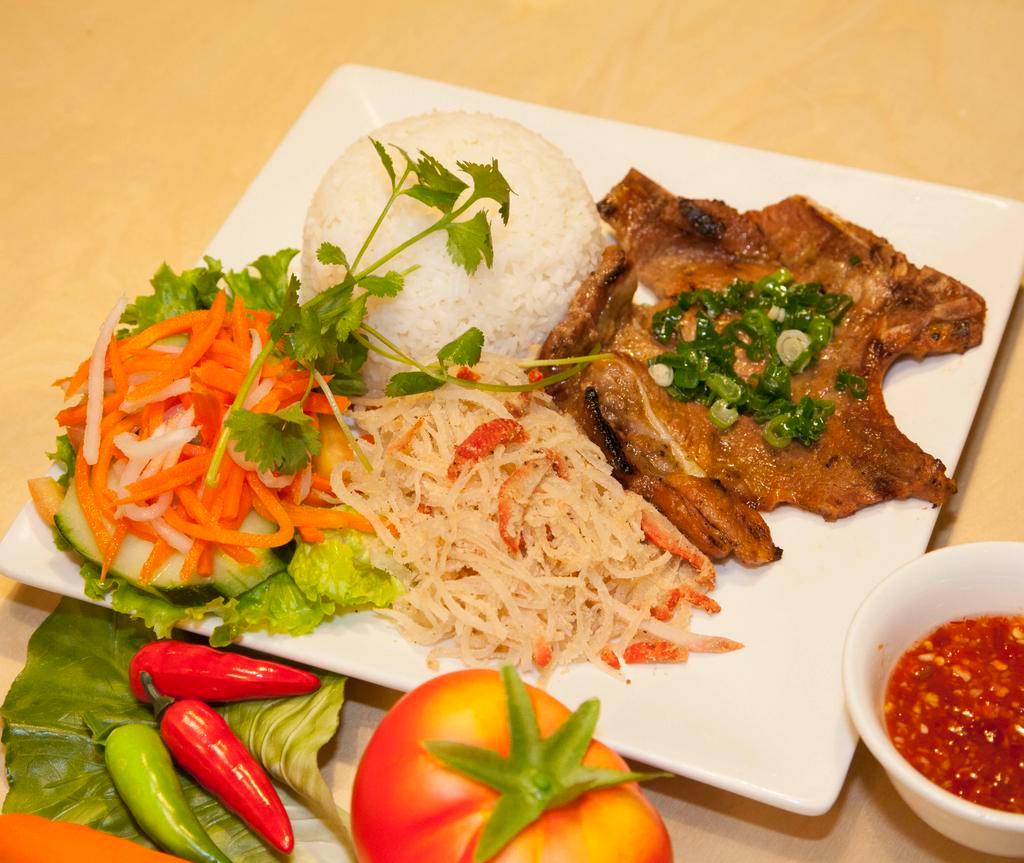 R2. Cơm Suon Tau Hu Ky · Grilled pork chop and bean curd skin with shrimp with jasmine rice.