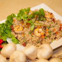 R7. Combination Fried Rice · Fried rice with BBQ pork, shrimp, Vietnamese sausage, egg, pea and carrot.