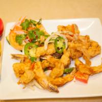R11. Salted Pepper Shrimp · Salted crispy shrimp with red bell pepper, served with steam rice.