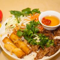 V5. Bun Bo Nuong Cha Gio · Stick grilled beef and egg rolls served with vermicelli dish.