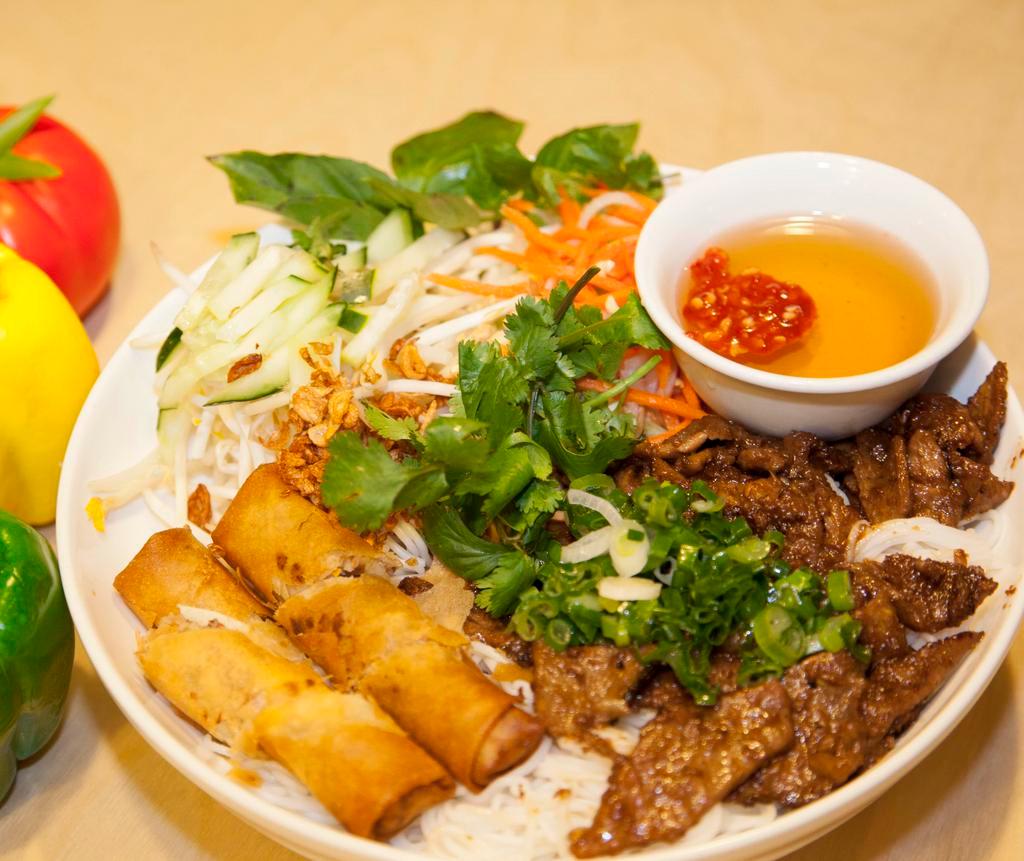 V5. Bun Bo Nuong Cha Gio · Stick grilled beef and egg rolls served with vermicelli dish.