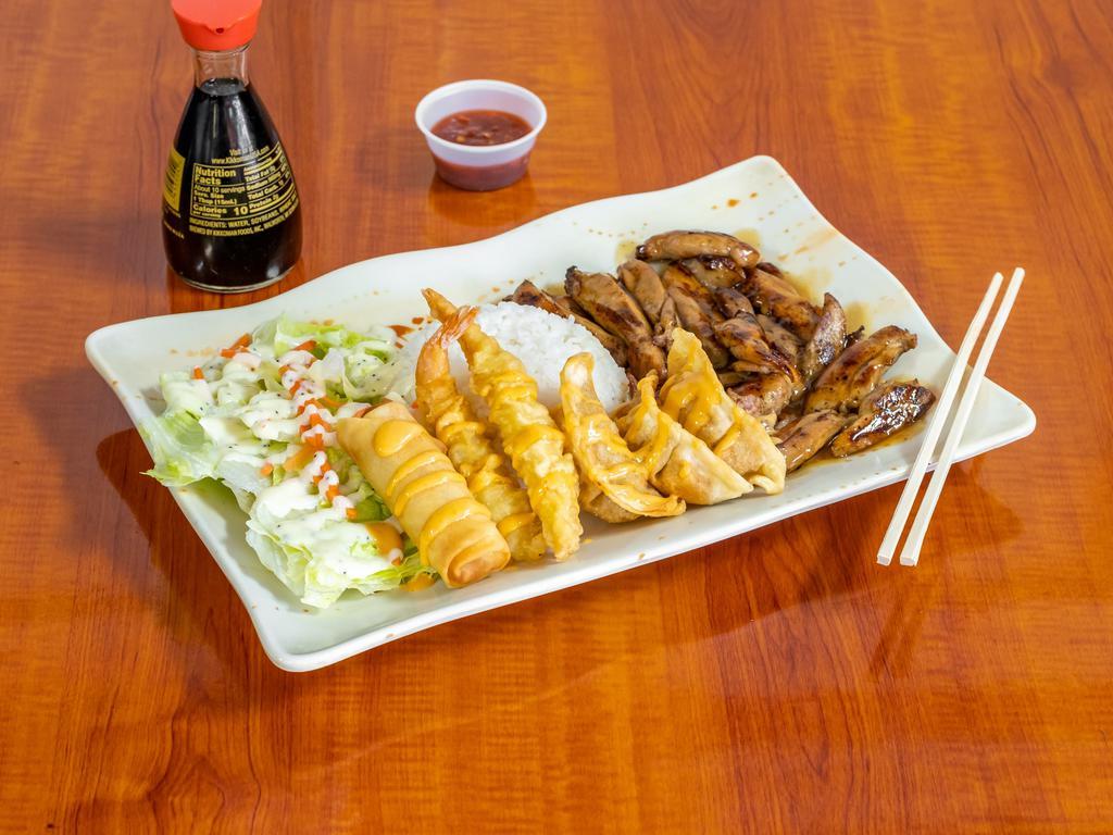 House Special · Rice, salad, 3 potstickers, 2 Shrimp Tempura, and 1 egg roll.