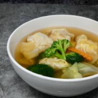 Shrimp Wonton Soup · Wonton stuffed with shrimp in clear broth with bok choy, Carrot and green onion
