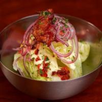 Iceberg Wedge Salad · Iceberg Lettuce, Crispy Bacon, Tomatoes, Red Onion, Blue Cheese Dressing