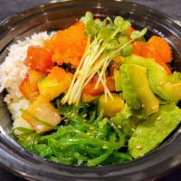 Poke Bowl with Rice · Mixed fish, cucumber tossed in house poke sauce and topped with seaweed salad , avocado, mas...