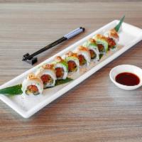 7th Heaven Roll · Spicy tuna and fried green onion. Topped with seared albacore, avocado, garlic chips, 7-spic...