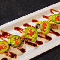 Godzilla Roll · Shrimp tempura and cucumber. Topped with broiled eel, avocado, jalapeno slices, sweet sauce,...