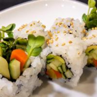 Garden Roll · Avocado, cucumber, oshinko, yamagobo, and kaiware. Vegetarian. Gluten-free.