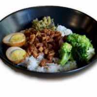 Braised Pork Rice 滷肉飯 · w/ white rice, pickled greens, broccoli, and egg 