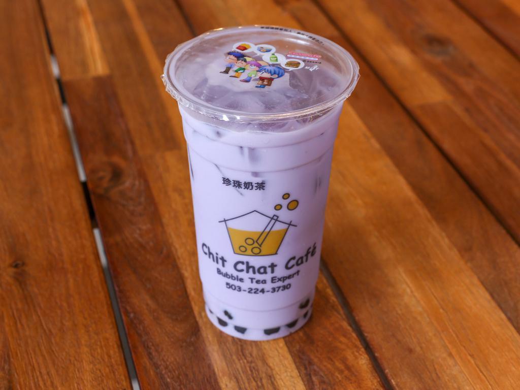 Taro Bubble Milk Tea · Includes tapioca and non-dairy milk. Caffeine free.