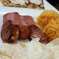 Spam and Portuguese Plate · Fried spam and Portuguese sausage served with 2 eggs and rice.