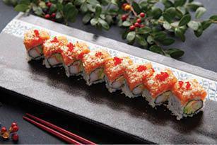 Spicy Girl Roll · Raw. Crab, cucumber and avocado inside, spicy crunch salmon on top.