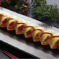 Christmas Tree Roll · Raw. Tuna, salmon, yellowtail, avocado and crunch with spicy wrapped in green soybean sheet ...