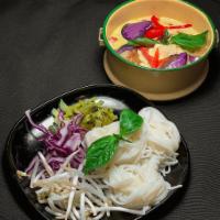 Kanom Jeen Kang Gai · Homemade rice noodle with chicken green curry,thai eggplant, basil, bamboo shoot, bean sprou...