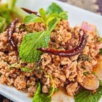 Chicken Larb Salad (Gluten-free) · Minced chicken salad. Mint, shallot and Thai chili-lime sauce.