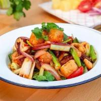 Crispy Duck Salad · Crispy duck, onion, scallion, pineapple, tomato, cashew nut, chili paste with Thai chili-lim...