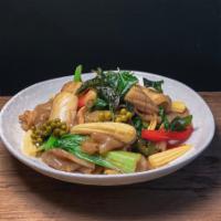 Pad Kee Mao (no egg)  · Drunken noodles with  rice noodles, baby bok choy, Chinese broccoli, young green peppercorn,...