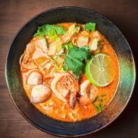 Creamy TomYum Noodle (Shrimp) · Lemongrass noodle soup with shrimp (tom yum goong) thin rice noodle, mushroom, cilantro, fre...