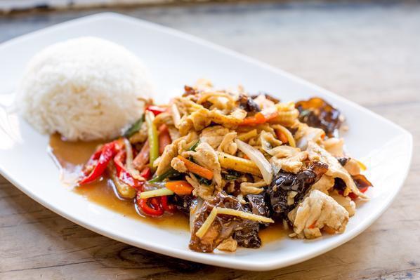 Ginger sauce · Wok stir-fried  with ginger. Wood ear mushroom, ginger, baby corn, carrot, long hot chili, onion, scallion and ginger soy sauce. Served over jasmine rice. Mild spicy.