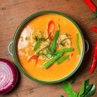 Panang curry ( Gluten-free) · (Can not make it no spicy) Long hot chili, kaffir lime leaf, string bean, basil, panang curr...