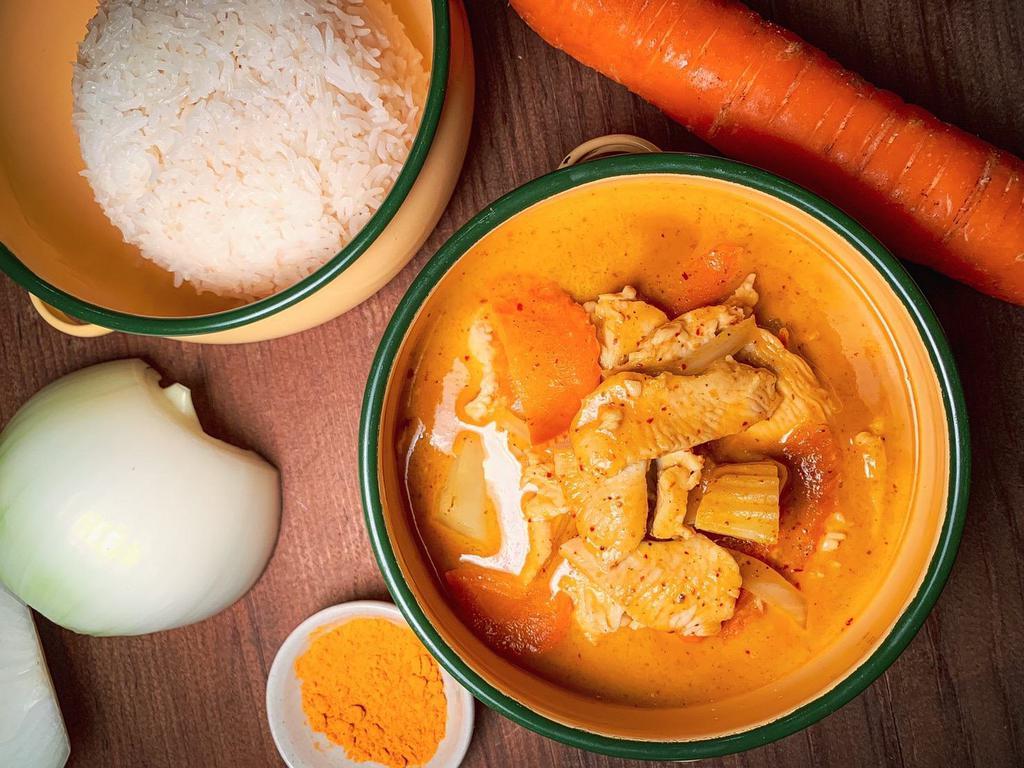 Yellow Curry (Gluten-free) · Massaman curry paste with, potato, carrot, onion, turmeric coconut milk broth, Served over jasmine rice. 