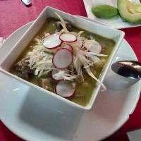 Pozole Verde de Puerco · Large. Green hominy soup with pork.