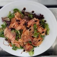 Salmone Salad · Smoked salmon, mixed lettuce, tomatoes, carrots, Kalamata olives In balsamic dressing.