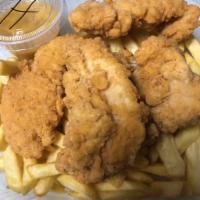 Chicken Fingers with Fries · Chicken fingers over fries with honey mustard or sauce.