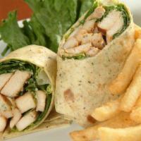 Crispy Chicken Caesar Wrap w fries · Served with french fries