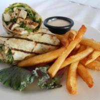 Grilled Chicken Caesar Wrap w fries · Served with french fries
