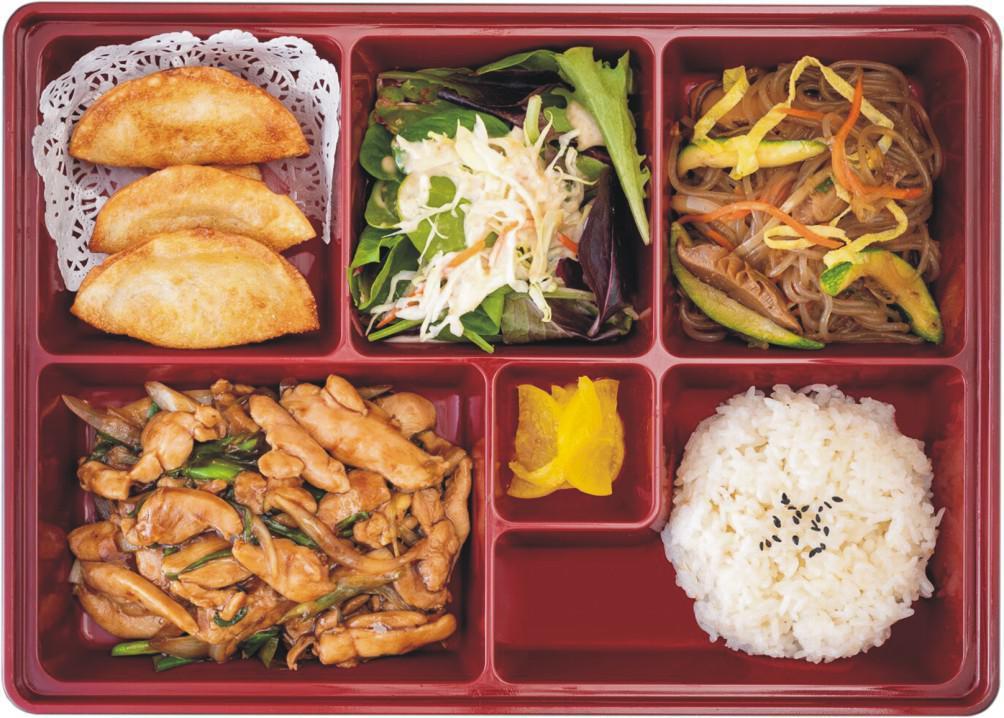 Chicken Bulgogi Bento Box · Grilled and marinated chicken bulgogi. Served with rice, fresh seasonal salad, and stir-fried noodles with vegetables and fried dumpling