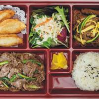 Beef Bulgogi Bento Box · Grilled and marinated beef bulgogi. Served with rice, fresh seasonal salad, and stir-fried n...