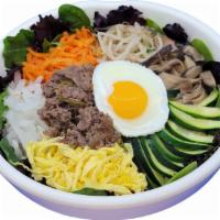 1. Beef Bibimbap · Assorted, sauteed, and seasoned vegetables over steamed rice with beef. Served with a soup a...