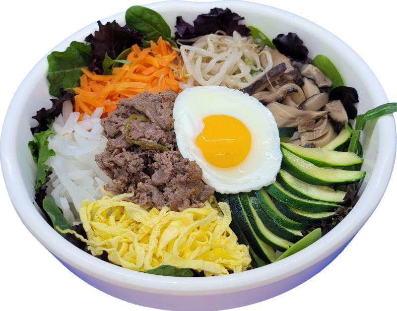 1. Beef Bibimbap · Assorted, sauteed, and seasoned vegetables over steamed rice with beef. Served with a soup and Gochujang (Korean chili pepper paste) based special sauce.