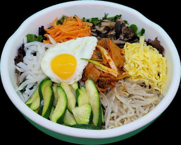 2. Kimchi Bibimbap · Assorted, sauteed, and seasoned vegetables over steamed rice with Kimchi. Served with a soup and Gochujang (Korean chili pepper paste) based special sauce.  