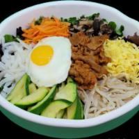 3. Pork Bibimbap · Assorted, sauteed, and seasoned vegetables over steamed rice with pork. Served with a soup a...