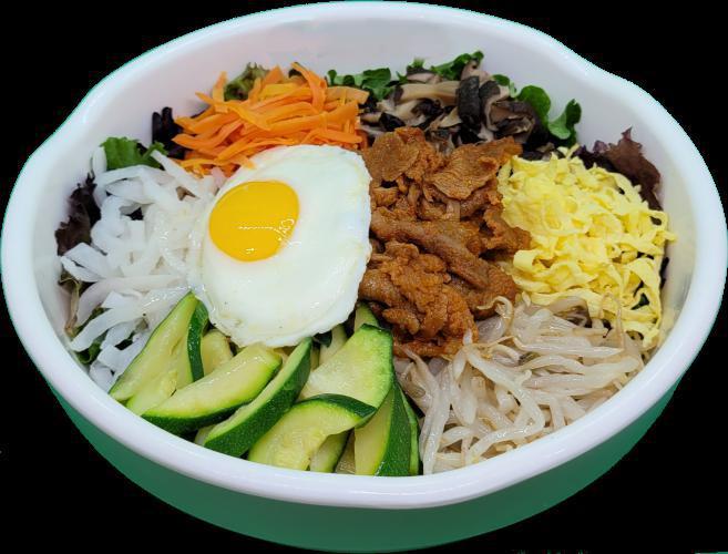 3. Pork Bibimbap · Assorted, sauteed, and seasoned vegetables over steamed rice with pork. Served with a soup and Gochujang (Korean chili pepper paste) based special sauce.  