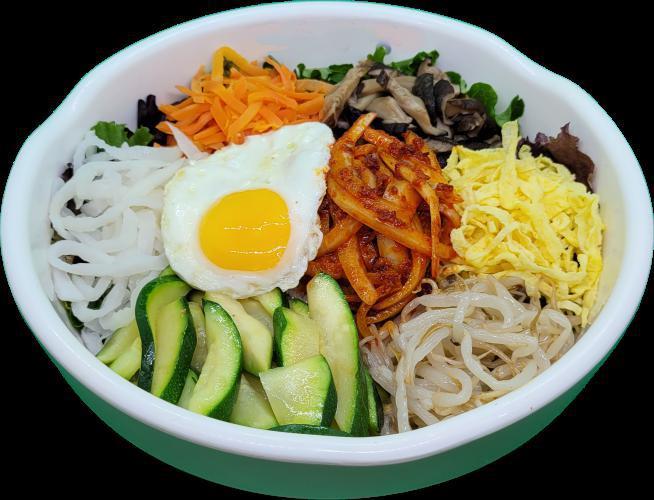 4. Vegetable Bibimbap · Assorted, sauteed, and seasoned vegetables over steamed rice. Served with a soup and Gochujang (Korean chili pepper paste) based special sauce.  