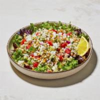 Mediterranean Salad · Pearled couscous, diced tomato, cucumber, red onion, mint, parsley, scallions, feta cheese, ...