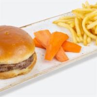 Kids Grass-Fed Cheeseburger · Ages 10 and under please. Includes carrots, choice of rice, house salad or fries.