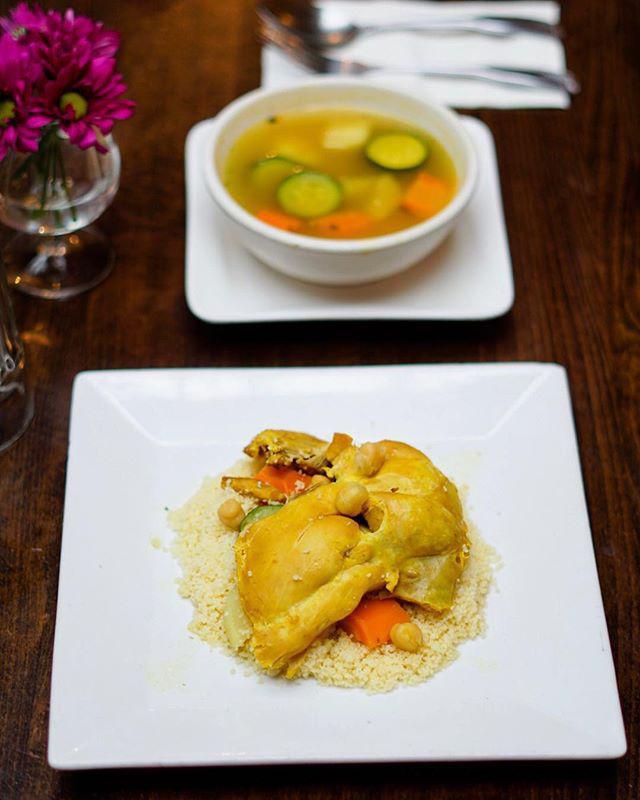 Chicken Couscous · Chicken with rustic stew of potatoes, carrots, zucchini, turnips, sweet potatoes and chickpeas. Served with raisin couscous.